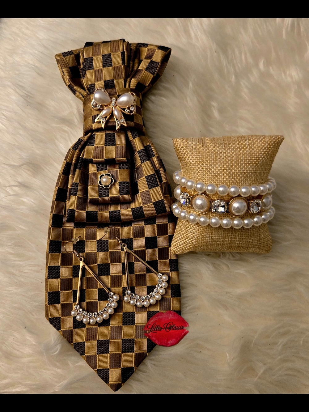 Gold and Black Checkered Pearl Accent Necklace Set